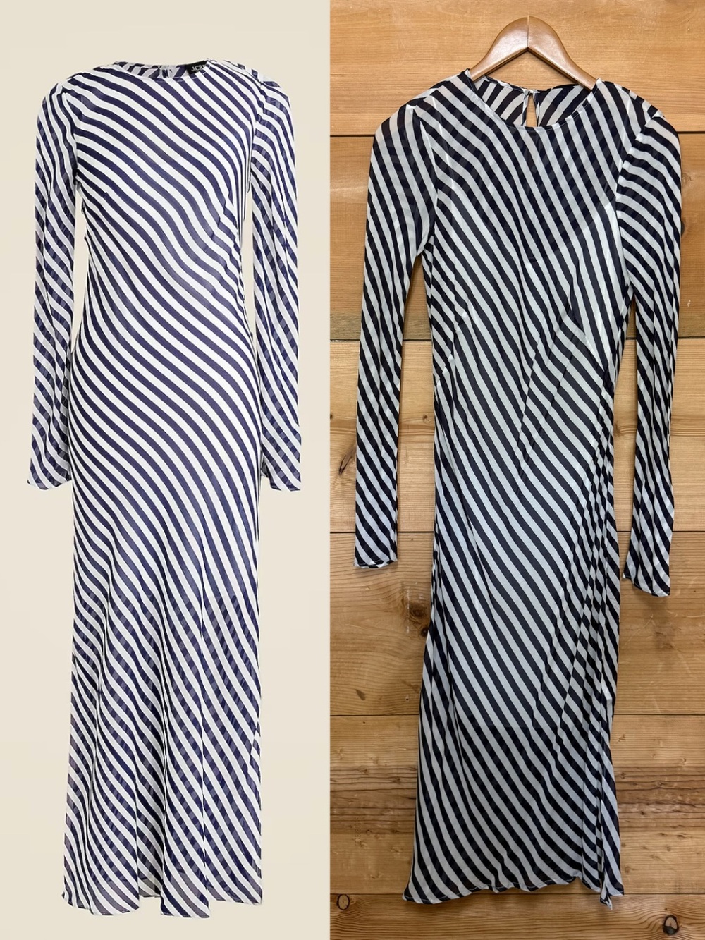 J.crew Stripe viscose Long Sleeve Maxi Dress navy white silk